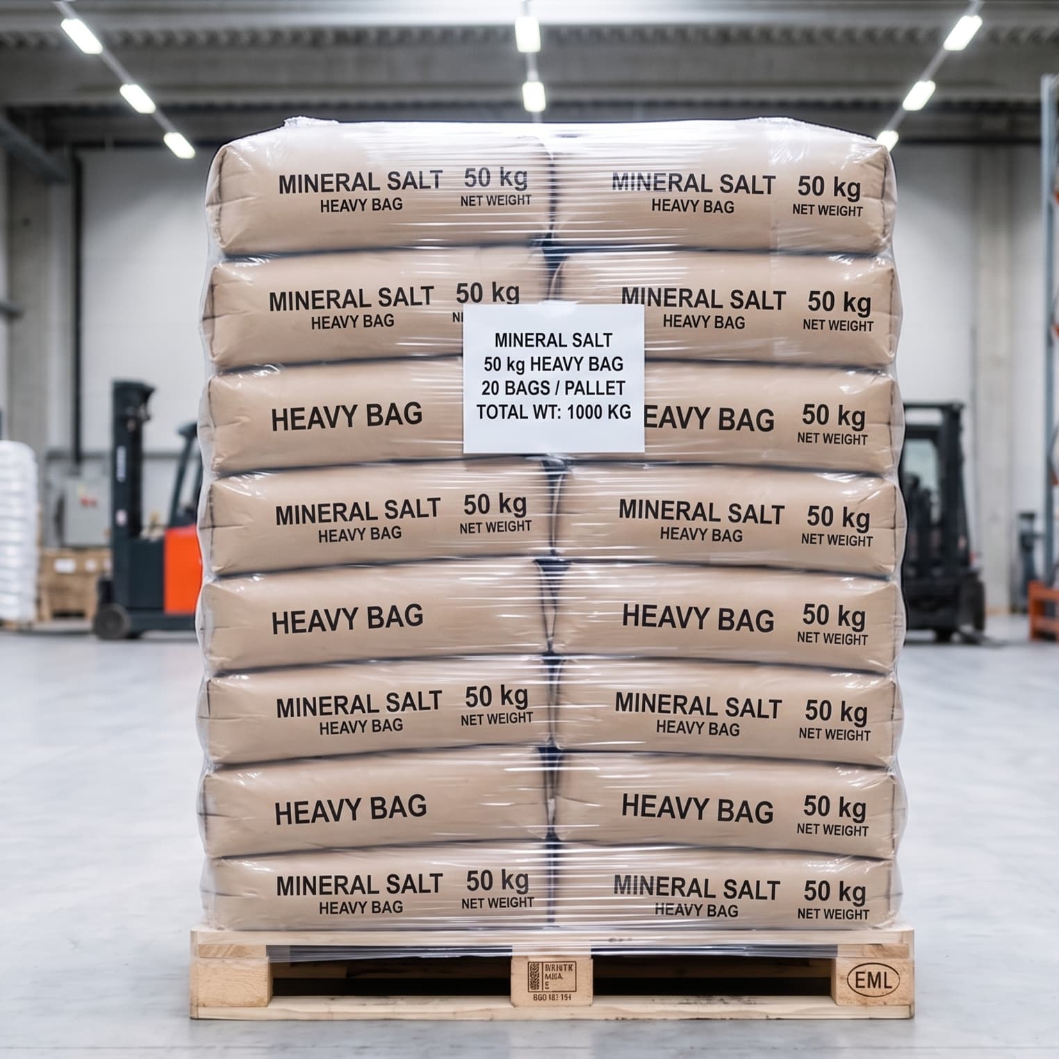 50kg heavy salt bags on pallet